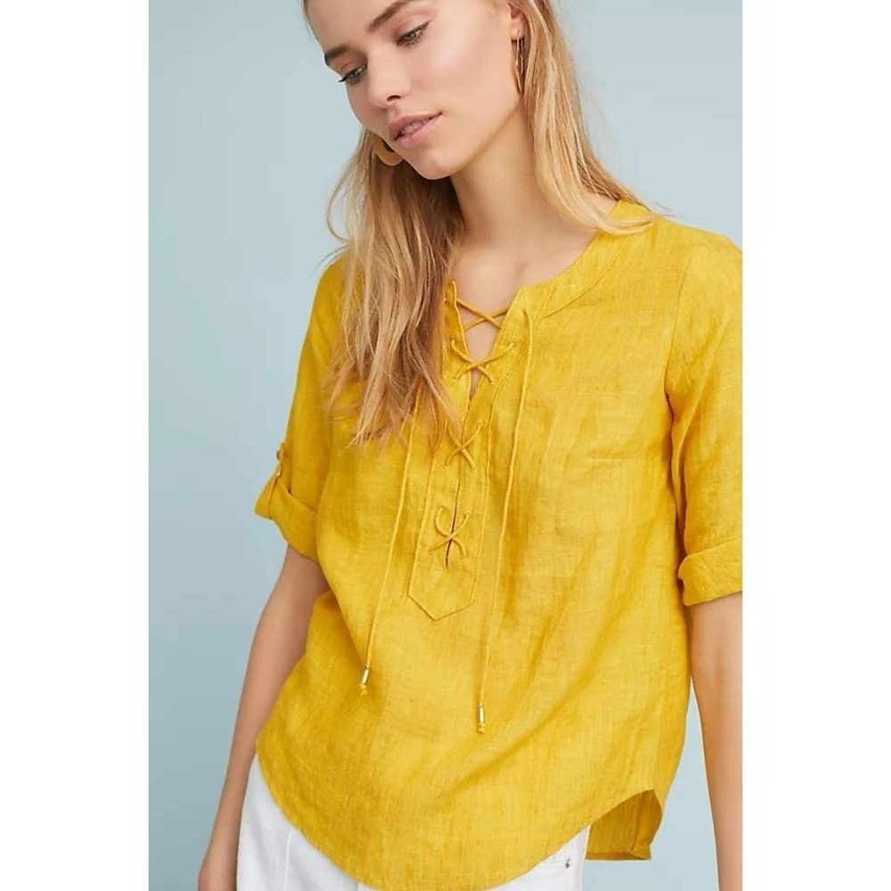 Maeve Anthropologie Linen Lace Up Tunic Women 2 Mustard‎ Yellow Roll Tab Sleeve